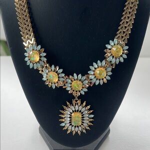 Gold-Tone Floral Statement Necklace with Opalescent Yellow and Pale Blue Accents